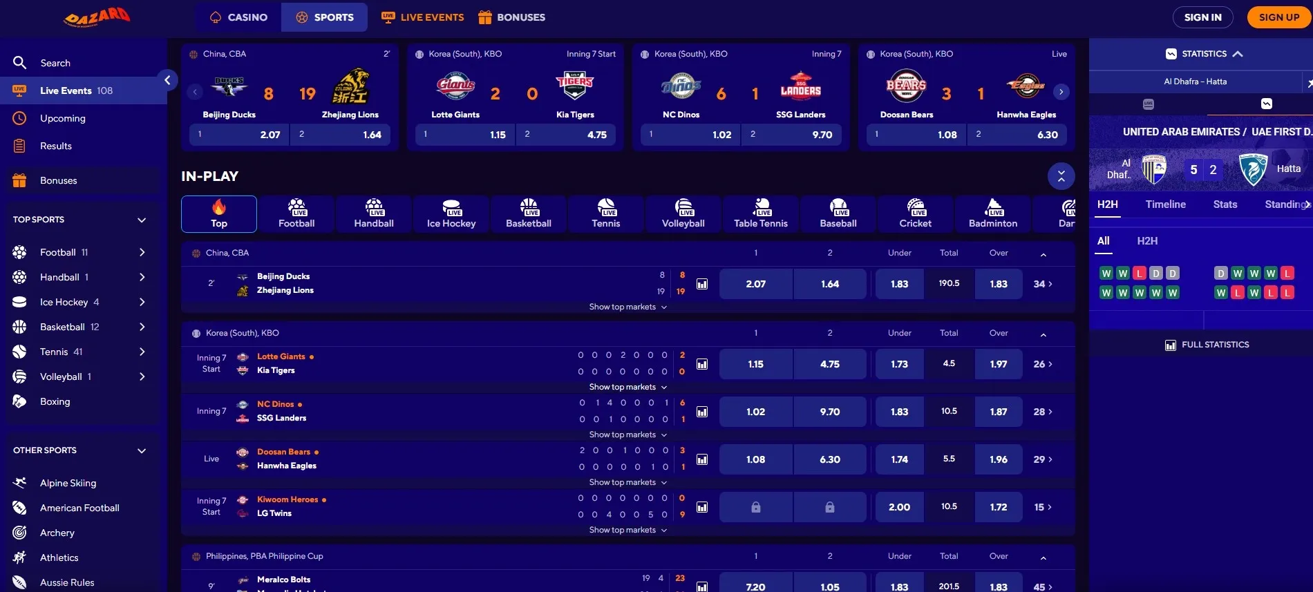 Dazard Casino sportarten